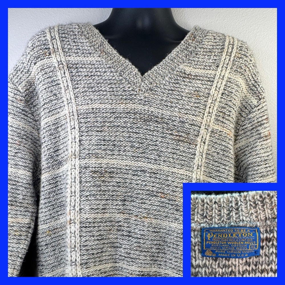 Pendleton Sweater Mens‎ XL Grey V-Neck Virgin Wool Marled Cable Knit USA Made